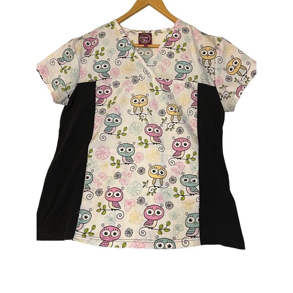Divine Scrubs JDM Uniforms Owl Print Scrub Top For Women M Cotton Blend Pockets - Picture 1 of 16